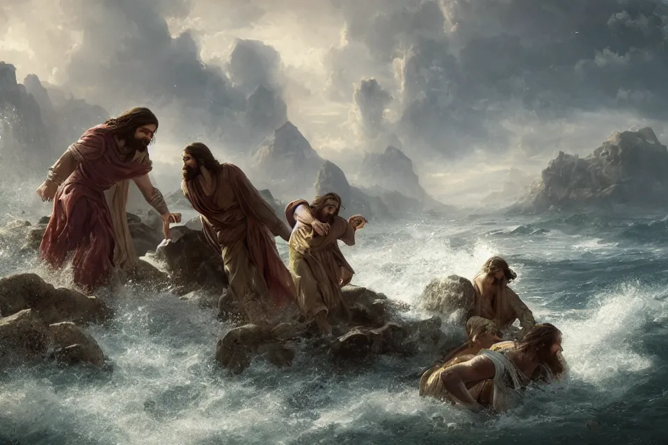 Prompt: An epic matte painting of Jesus saving Petrus in the Water, beautiful, stunning, gorgeous, 4k resolution, professional digital art, by wlop and George Rutkowski, f16, intricate