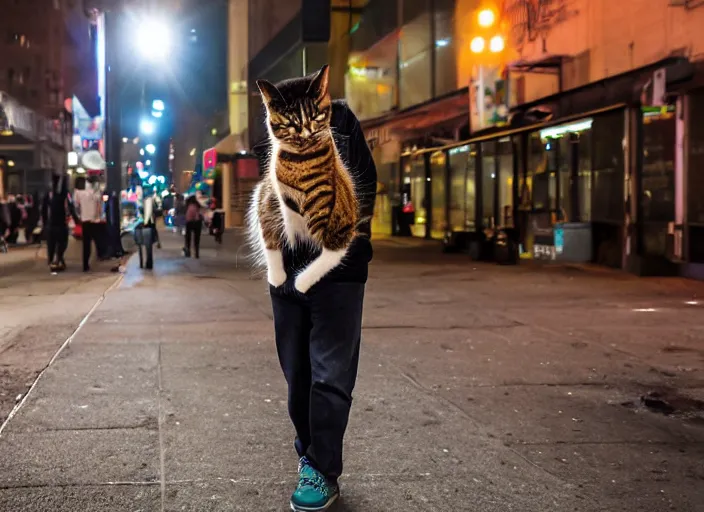 Prompt: photography of a Cat being carried in an half open backpack . in a new york street. award winning photo, led lighting, night, 130mm, sharp, high res