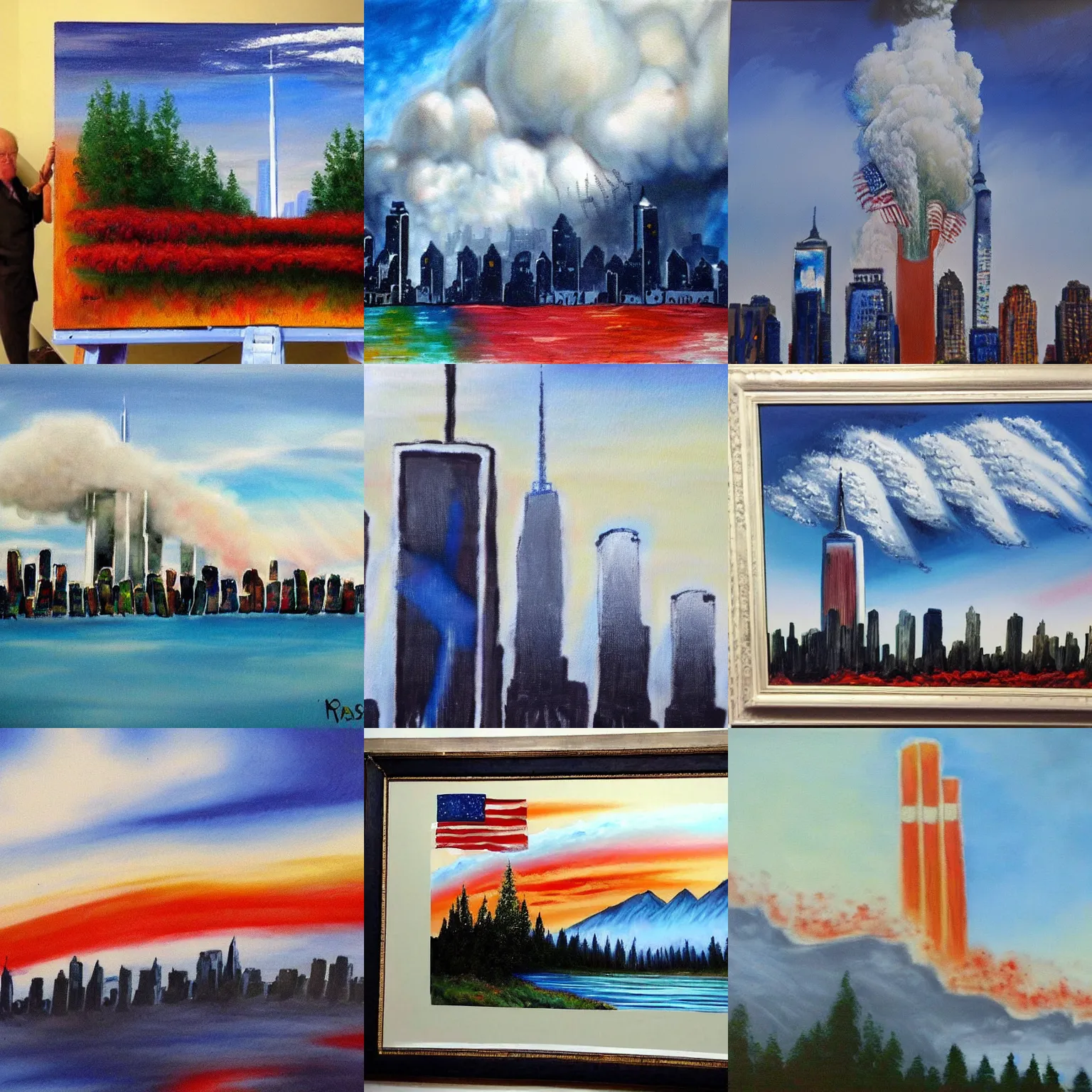 Prompt: 9 / 1 1 painted by bob ross