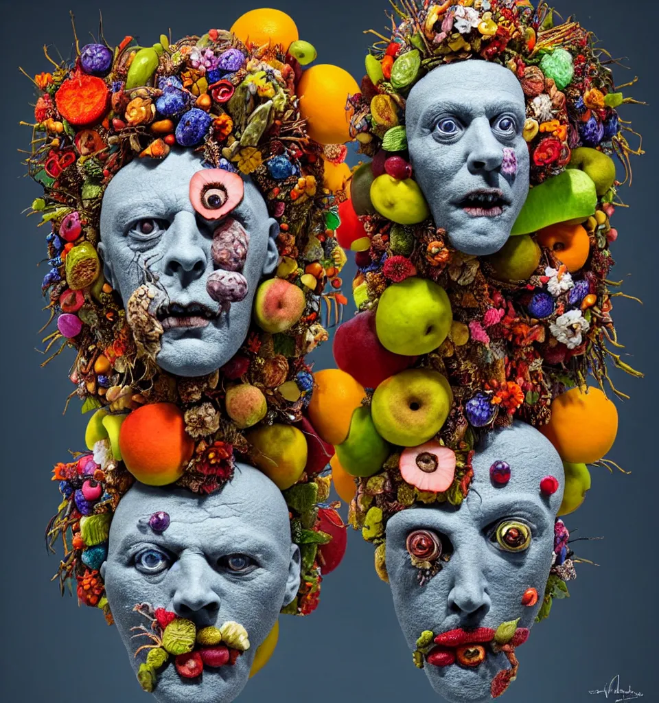 Image similar to portrait headshot of a scary nature spirit, head made of fruit gems and flowers in the style of arcimboldo, ashley bickerton, fragonard, photorealistic, dynamic lighting, action figure, clay sculpture, claymation, dull blue cloudy background,