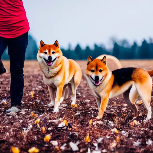 Image similar to A group of Shiba Inus in levander field, 8k UHD, Nature photography, high detail, High quality, stunning lighting, beautiful lighting,