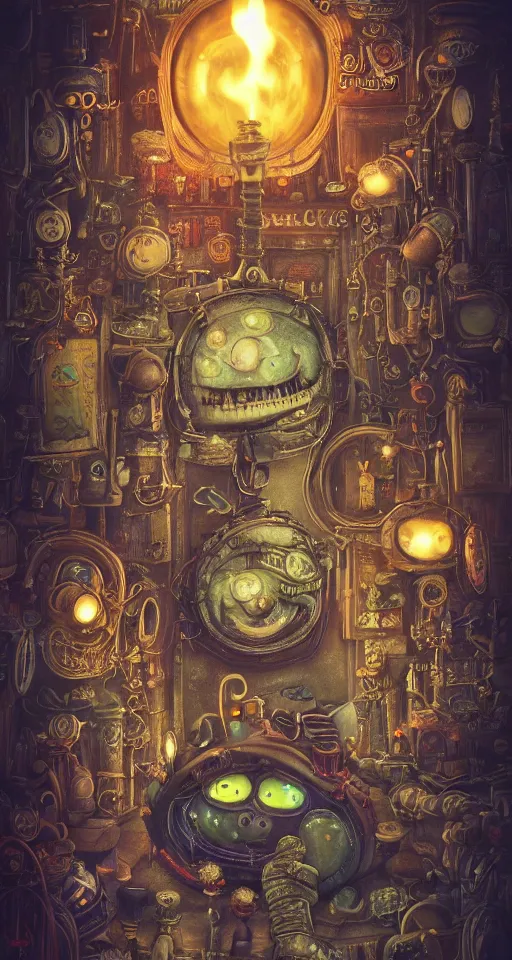 Image similar to tapestries of dreams, ultra detailed, dark, steampunk, moody, candles, neon signs, infographic style, characters from machinarium, by don bluth, trending on artstation, octane render