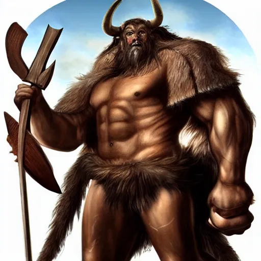 Prompt: Giant minotaur beast warrior with two handed axe, impressive horns, long mane, full body, muscular, dungeons and dragons, hyperrealism, high details, digital painting