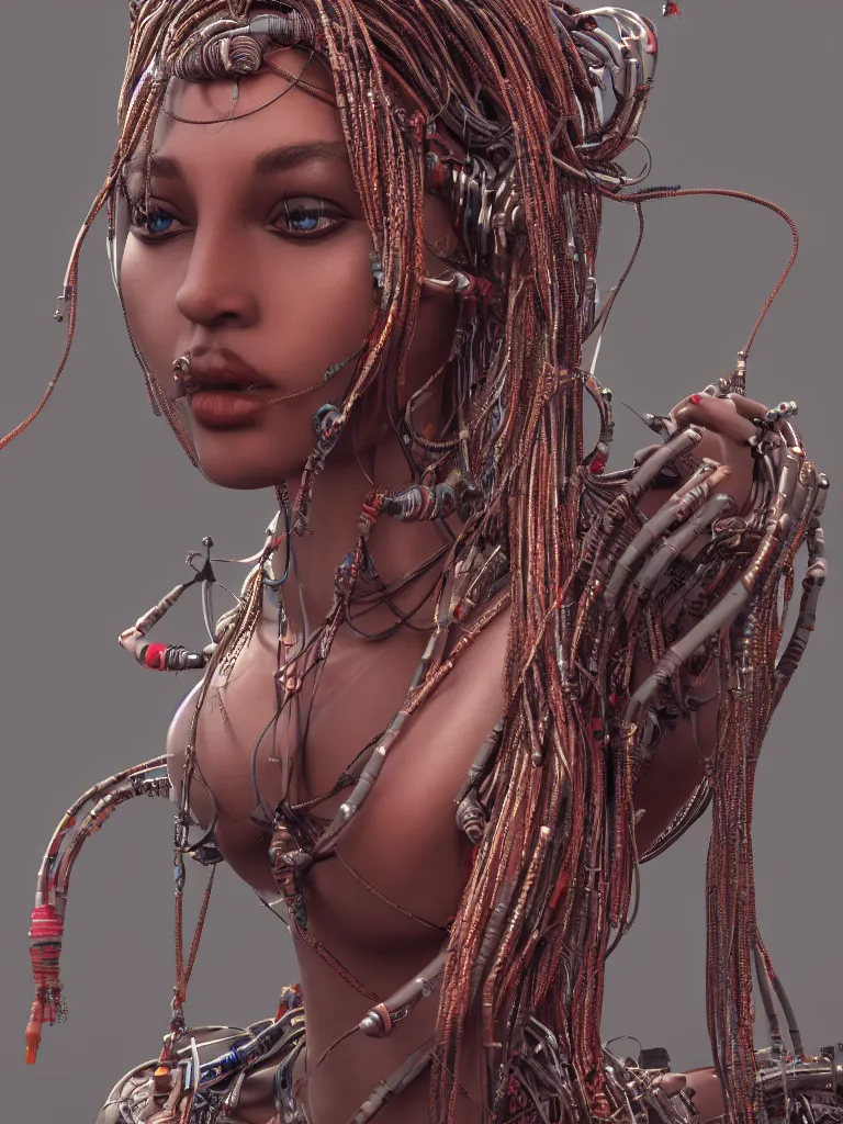 Image similar to a centered render of an alluring tribal goddess adorned with cables and synthesizer parts, full body, gorgeous face, perfect face, powerful, by viktoria gavrilenko, 3 d, trending on artstation, octane render, 8 k