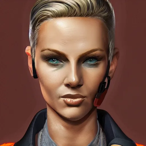 Image similar to character concept art of heroic stoic emotionless butch blond handsome woman engineer with very short slicked - back butch hair, narrow eyes, wearing atompunk jumpsuit, orange safety vest, retrofuture, highly detailed, science fiction, illustration, oil painting, realistic, lifelike, pulp sci fi, cinematic