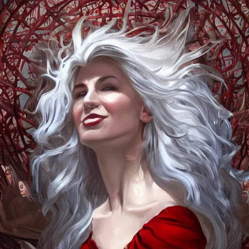 Prompt: middle-aged witch, grinning, foxy, sharp features, big whitened hair, sleeveless red dress, highly detailed, digital painting, artstation, concept art, smooth, sharp focus, beautiful face, expressive eyes, illustration, art by Artgerm and greg rutkowski and alphonse mucha