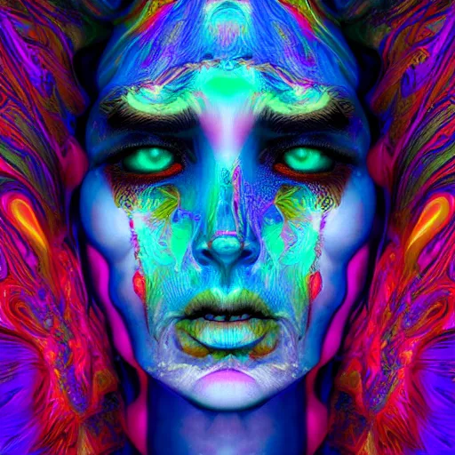 Prompt: hyperrealistic psychedelic nightmare fractal face render in style of laura borealisis | photorealistic, cgsociety, glossy, liquid, vivid colours 4 k