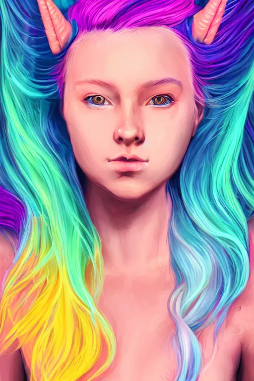 Image similar to a girl with rainbow hair, unicorn horns, portrait, rim light, fresh colors, gradients, highly detailed, digital illustration, concept art, smooth, sharp focus,