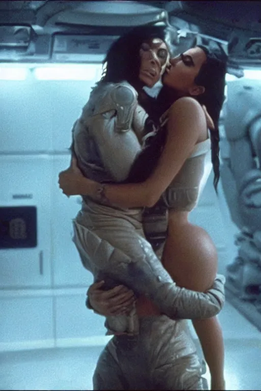 Image similar to film still of kim kardashian in the movie Alien, xenomorph holding kim in a chokehold, kim unconscious, cinematic shot, 4k.