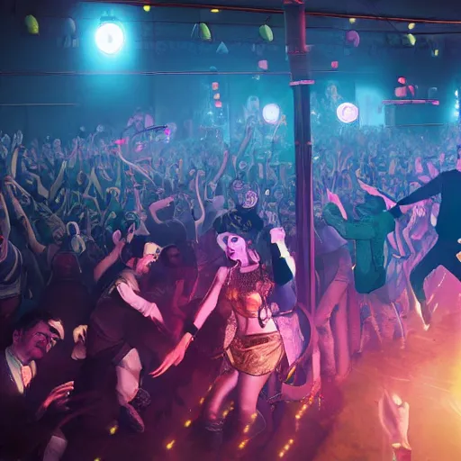 Prompt: a hyper detailed illustration of adolf hitler dancing at a rave, edm fans, neon lights, dance club rave, volumetric lighting, greg rutkowski and alphonse mucha, 8 k, octane render