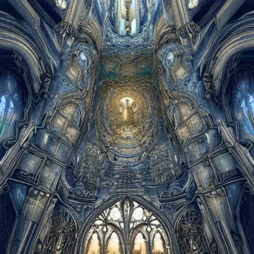 Image similar to a beautiful 3 d painting of a sprawling intricate cathedral populated by mandelbrot fractals by android jones, carved soap, white color scheme, unreal engine, volumetric lighting, dynamic lighting, dramatic lighting, high contrast, depth of field, carved marble, opalescent, sacred geometry, religious, angelic, catholicpunk, stark, trending on artstation