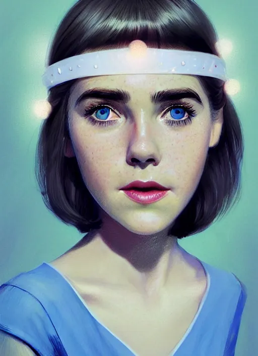 Image similar to portrait of kiernan shipka with freckles, white hair, 1 9 6 0 s bob hairstyle with bangs and hairband, blue 1 9 6 0 s dress, intricate, elegant, glowing lights, highly detailed, digital painting, artstation, concept art, smooth, sharp focus, illustration, art by wlop, mars ravelo and greg rutkowski