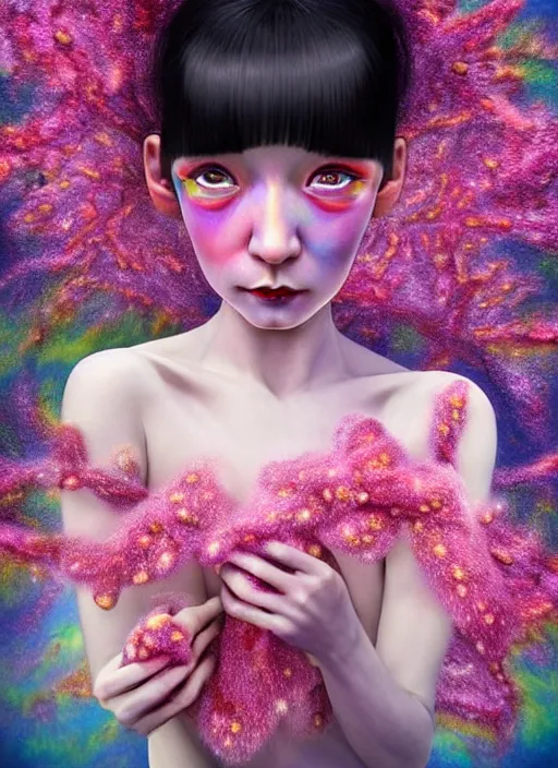 Image similar to hyper detailed 3d render like a Oil painting - kawaii portrait Aurora (ancient black haired flapper girl fae acrobat) seen Eating of the Strangling network of yellowcake aerochrome and milky Fruit and Her delicate Hands hold of gossamer polyp blossoms bring iridescent fungal flowers whose spores black the foolish stars by Jacek Yerka, Mariusz Lewandowski, Houdini algorithmic generative render, Abstract brush strokes, Masterpiece, Edward Hopper and James Gilleard, Zdzislaw Beksinski, Mark Ryden, Wolfgang Lettl, hints of Yayoi Kasuma, octane render, 8k