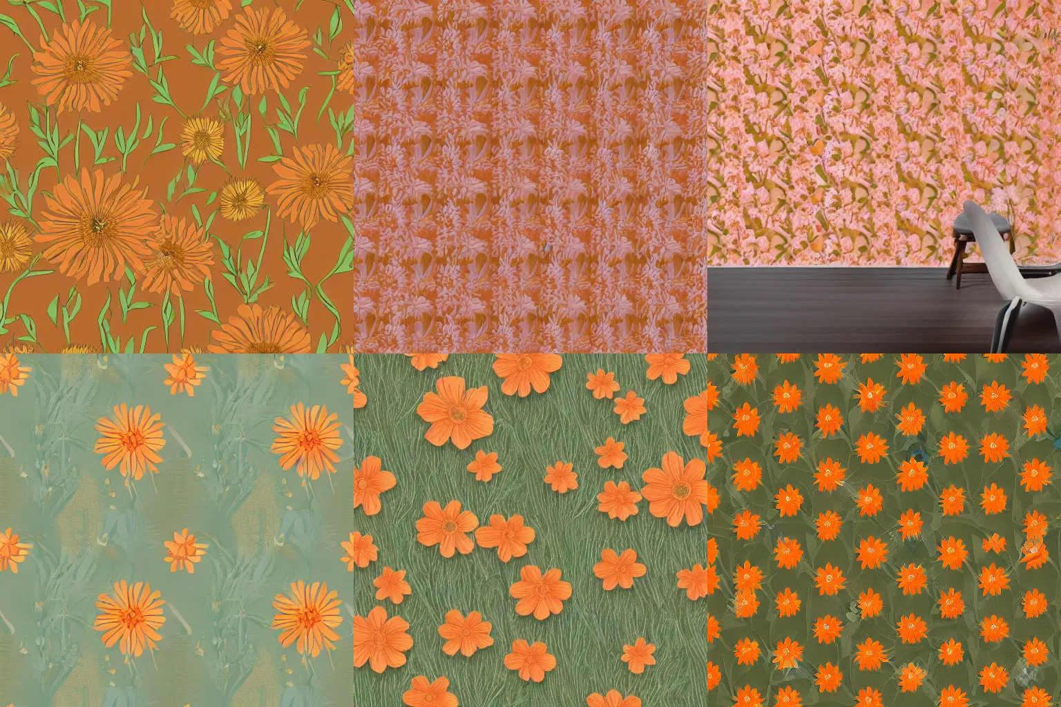 Prompt: minimalistic floral wallpaper texture with small two tone grass and flowers, orange pastel colors