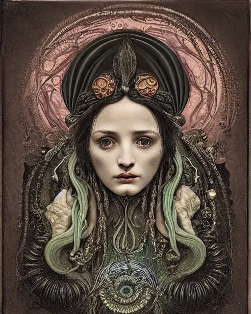Image similar to daguerreotype hyperrealistic detailed face side portrait of the beautiful cthulhu priestess adorned with curse jewels and ceremonial robes, tintype art by ernst haeckel, john william godward, android jones, alphonso mucha, h. r. giger, gothic - cyberpunk, ornamental, beautiful deep colours, ambrotype