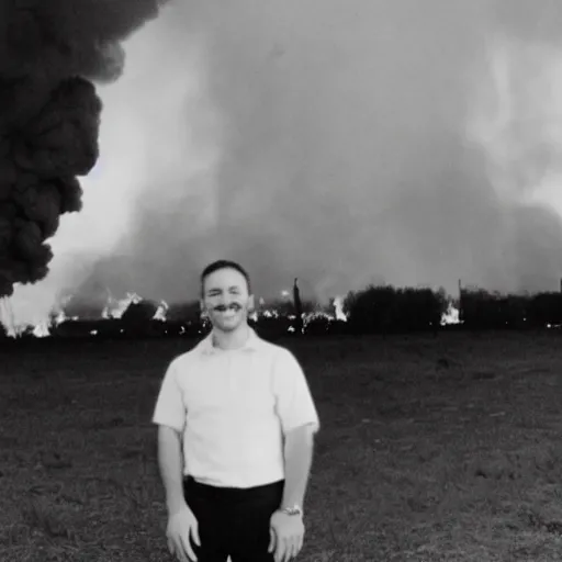 Prompt: a photo of a smiling system administrator doing a thumb up to the camera in front of burning data center in flames in the background, 35mm, full body shot, press photo