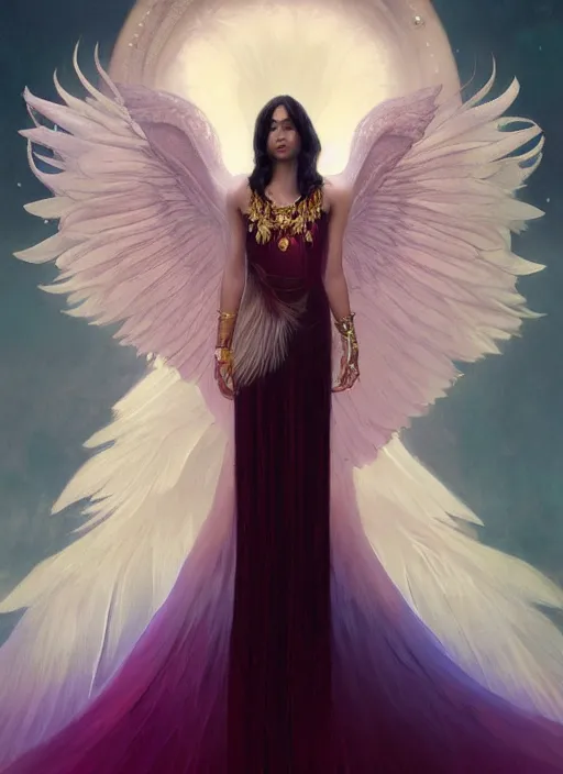 Image similar to ombre velvet gown, beautiful elegant bird woman with wings, portrait, dramatic light on face, long hair, tiara, dozens of jeweled necklaces, by greg rutkowski, brom, anato finnstark, alphonse mucha