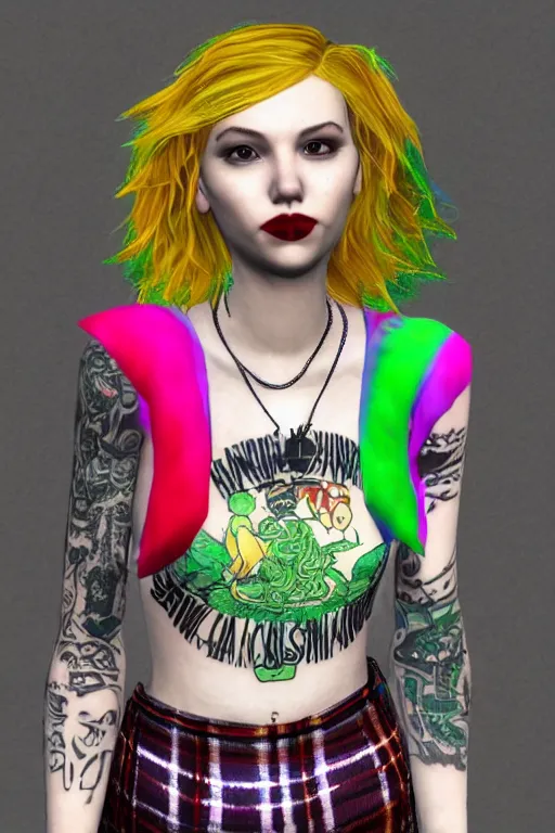 Image similar to portrait of hannah murray as a punk woman with green mohawk, neotraditional tattoos, fishnets, long tartan skirt as delirium of the endless, the sandman, rainbow clothes, second life avatar, the sims 4