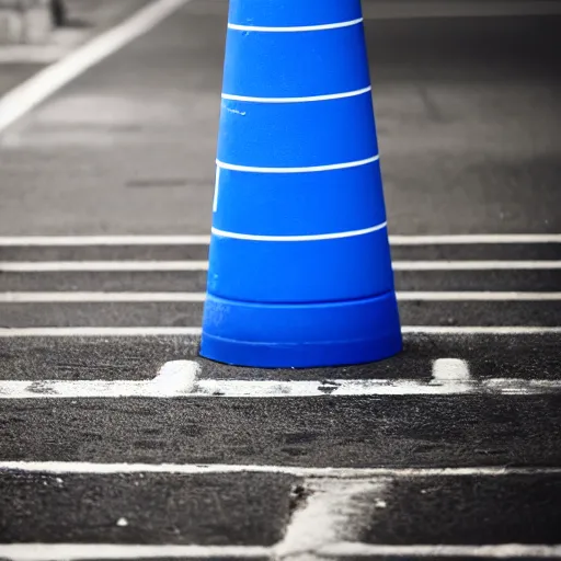 Image similar to a blue traffic cone, 3 5 mm lens, street photography