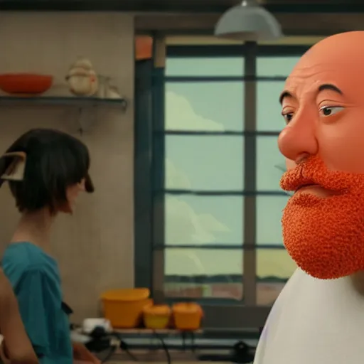 Prompt: bald man with a bright orange beard in studio ghibli movie