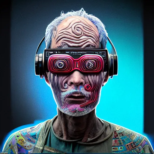 Image similar to Colour Photography of 1000 years old man with highly detailed 1000 years old face wearing higly detailed cyberpunk VR Headset designed by Josan Gonzalez Many details. Man raging screaming . In style of Josan Gonzalez and Mike Winkelmann andgreg rutkowski and alphonse muchaand Caspar David Friedrich and Stephen Hickman and James Gurney and Hiromasa Ogura. Rendered in Blender