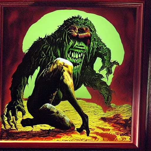 Image similar to a monster reaching through a framed painting, by richard corben. pulp horror