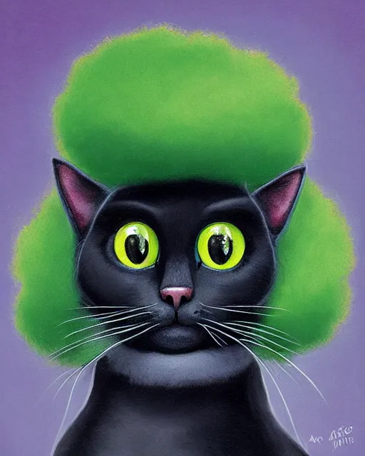 Image similar to a cute cat with large green eyes with a huge afro on its head, by aaron blaise