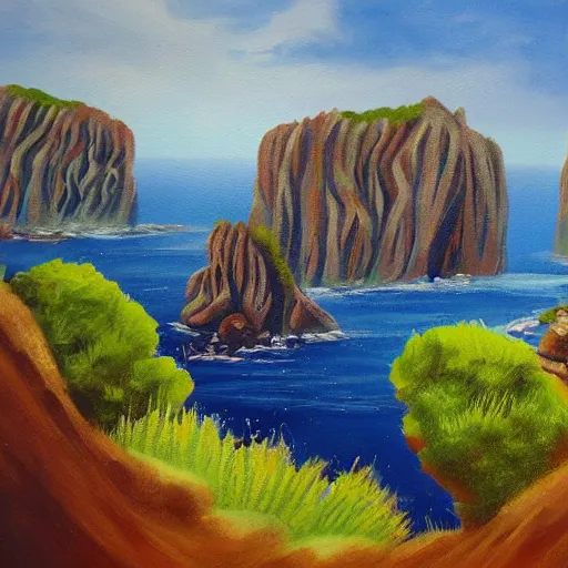 Image similar to rough acrylic painting of a lush natural scene on an alien planet by caroline degroiselle. beautiful landscape. weird vegetation. cliffs and water.