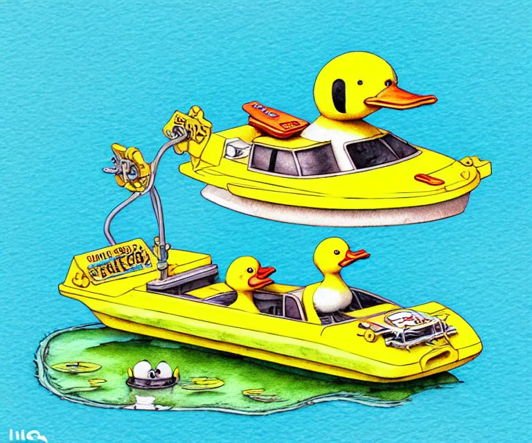 Prompt: cute and funny, duck riding in a tiny amphibious boat with wheels, ratfink style by ed roth, centered award winning watercolor pen illustration, isometric illustration by chihiro iwasaki, edited by craola, tiny details by artgerm and watercolor girl, symmetrically isometrically centered