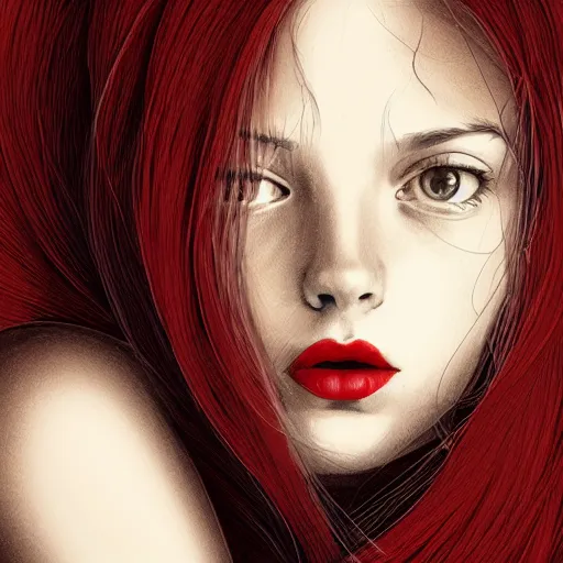 Image similar to girl with medium length red hair. brown eyes, thin face, red lips. centered median photoshop filter cutout vector behance hd jesper ejsing!