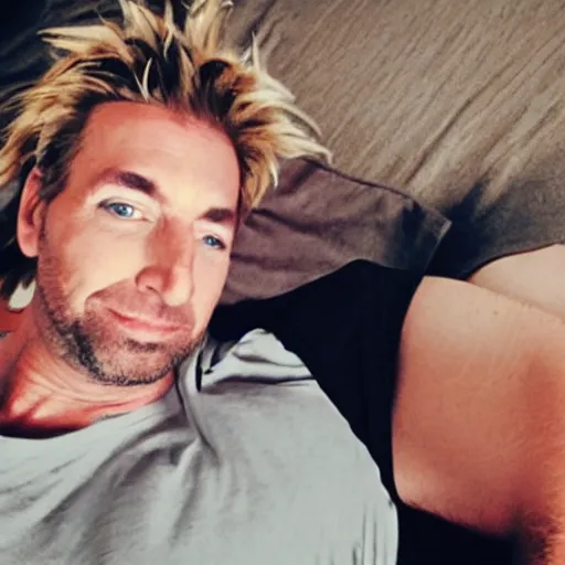 Image similar to chad kroeger snapchat selfie laying in bed with a black tanktop