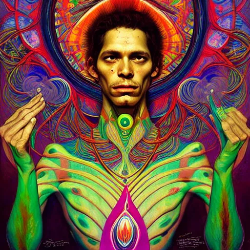 Image similar to psychedelic ayahuasca artwork of esao andrews frank xavier leyendecker, energy body, sacred geometry, esoteric art, divinity detailed, saturated colors,