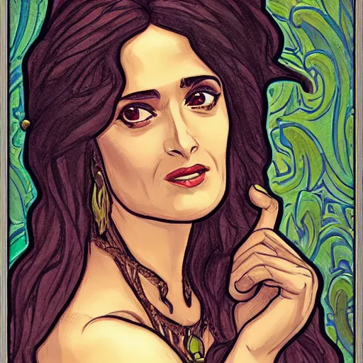 Image similar to salma hayek as esmerelda from the hunchback of notre dame, portrait, mucha style