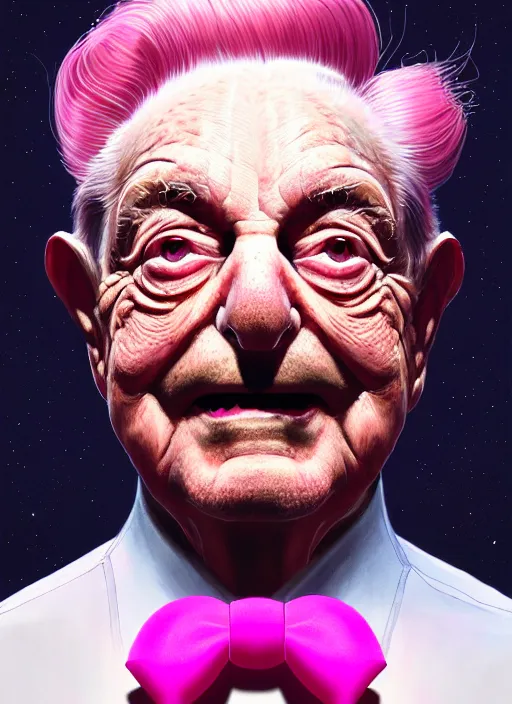 Image similar to portrait of george soros, realistic, smile, ugly, defined jawline, pink hair bow, intricate, elegant, glowing lights, highly detailed, digital painting, artstation, sharp focus, illustration, art by wlop, mars ravelo and greg rutkowski