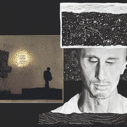 Image similar to dream A portrait of a man, by Karl Wiener, nighttime foreground, (abstract), figurative, ((((unreal engine)))), (pen), (((dark colors))), ((((dirt brick road)))), (((((((collage)))))), (Absurdist art)