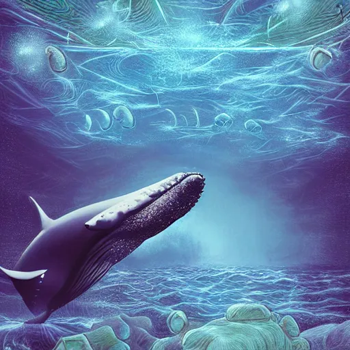 Image similar to a society of whale aliens under the ocean, sci-fi digital art,