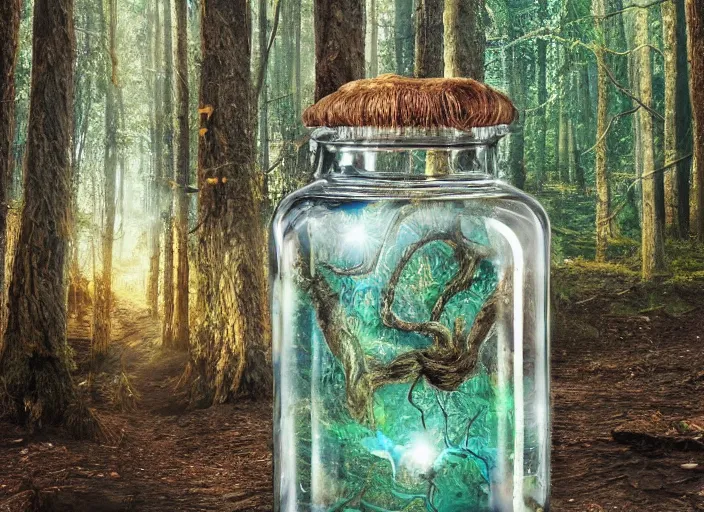 Prompt: photo of a glass jar a magic portal to another world. standing in the forest. Fantasy magic style. Highly detailed 8k. Intricate.