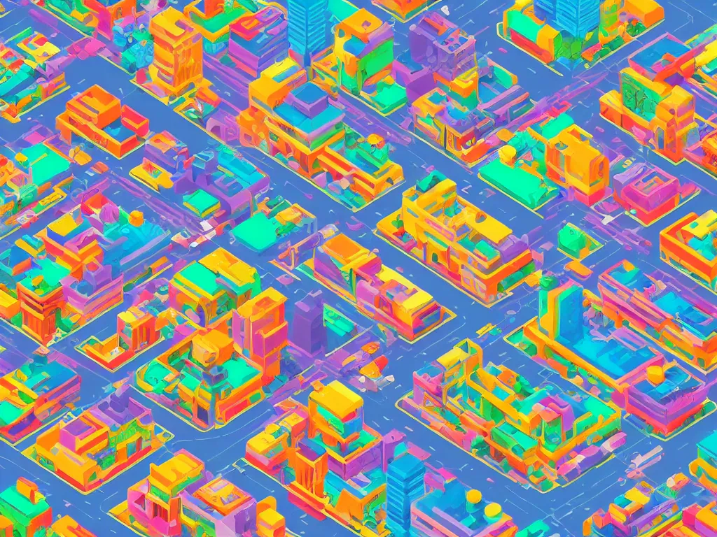 Prompt: colorful futuristic city, isometric, by Eboy