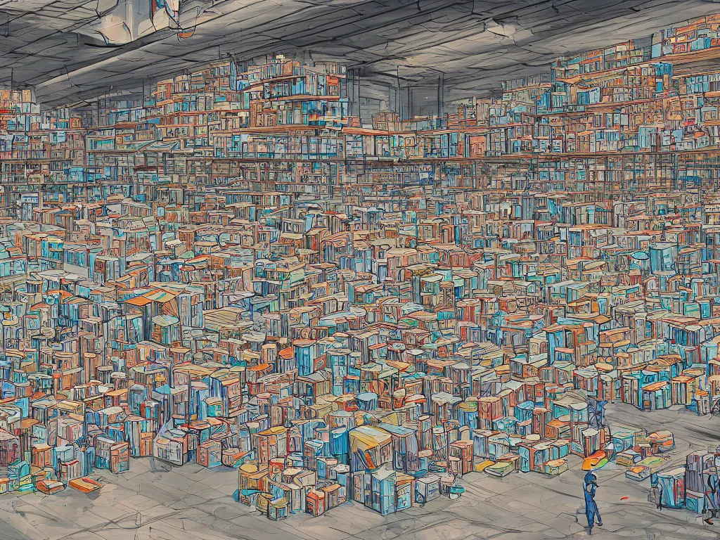 Image similar to a contemoprary painting of a warehouse with huge shelves in which stacks of paper are stored by james jean, trending on artstation, graffiti by digitaldoes