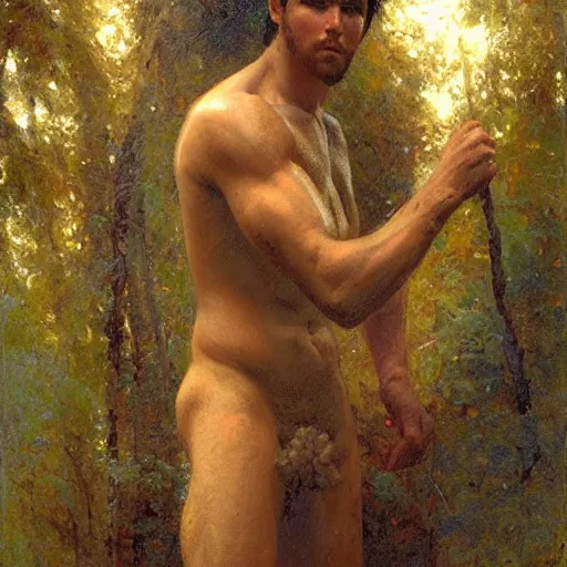 Image similar to young god of the forest with a muscular body type, painting by Gaston Bussiere, Craig Mullins