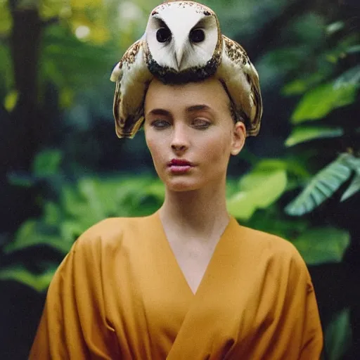 Image similar to head to shoulder portrait Polaroid film photograph of an elegant top model wearing a yellow kimono with a very detailed barn owl on her shoulder!!! in a tropical greenhouse. looking at the camera!!. super resolution. Polaroid 600 film. art by Alessio albi and john william waterhouse and Annie Leibovitz.