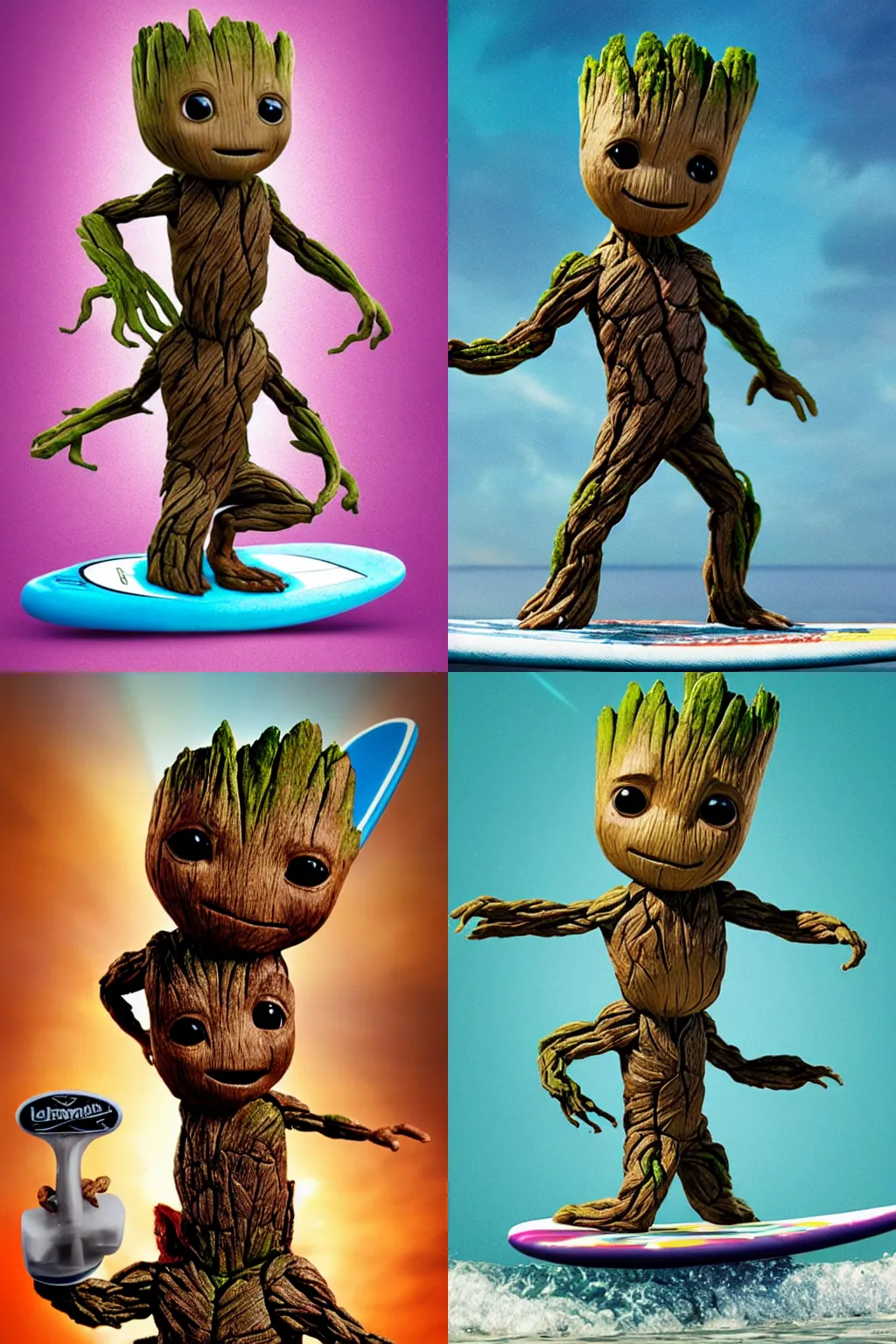 Prompt: little Groot is riding a surfboard shapes like a bar of soap, cinematic angle, poster style