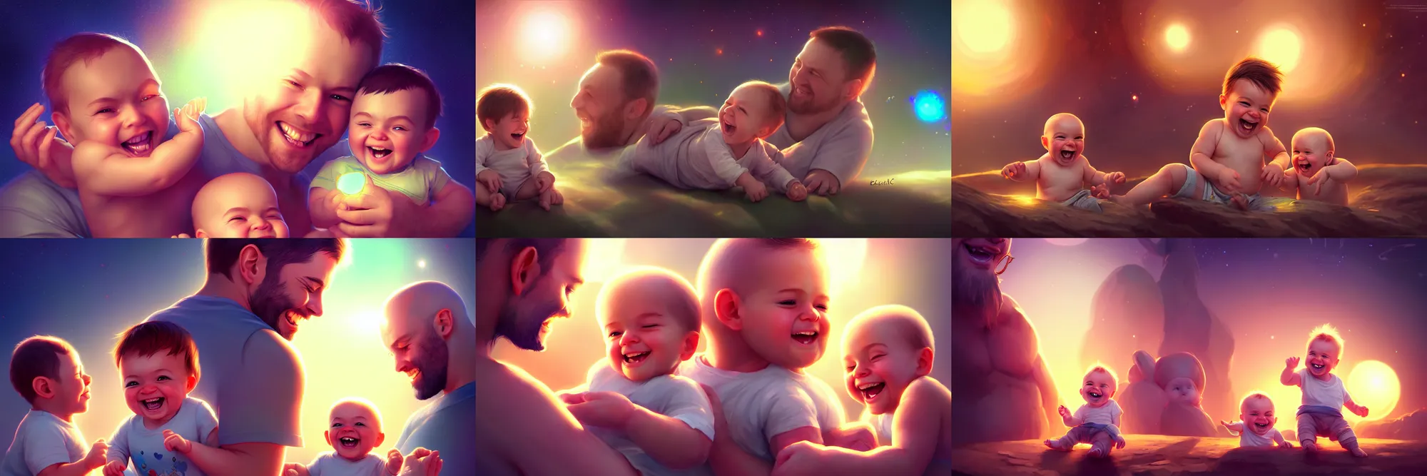 Image similar to epic professional digital art of a happy baby boy with his two fathers, best on artstation, cgsociety, wlop, cosmic, epic, stunning, gorgeous, much detail, much wow, masterpiece, backlight