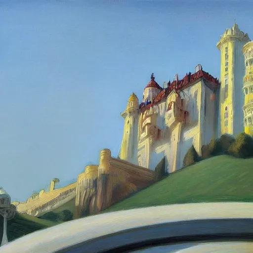 Image similar to street art. paralyzed by the indescribable beauty of the cosmos. amazing view of the palacio da pena. art style by edward hopper daring, incredible