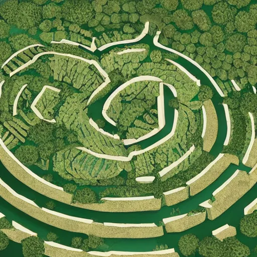 Prompt: top view of an illustration of an architectural plan view of a labyrinth of the deforestation in amazona crisis