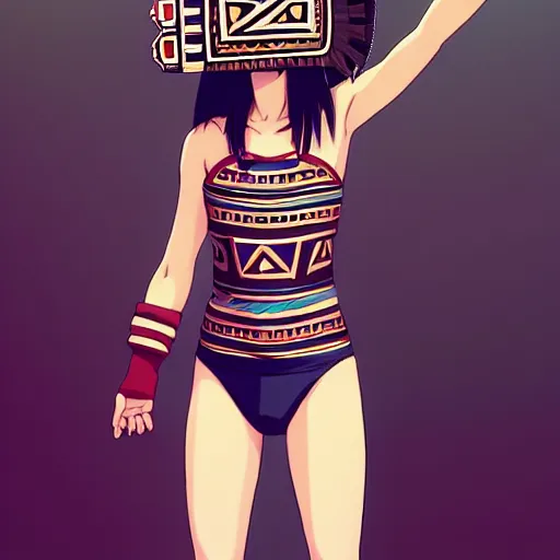 Image similar to beautiful boyish natalie portman alluring gravure model, wearing aztec wooden mask helmet cap and leotard, elegant bulky aztec football gear subtle mayan patterns, elegant aztec bathing suit, gapmoe yandere grimdark, trending on pixiv fanbox, painted by greg rutkowski makoto shinkai takashi takeuchi studio ghibli, akihiko yoshida