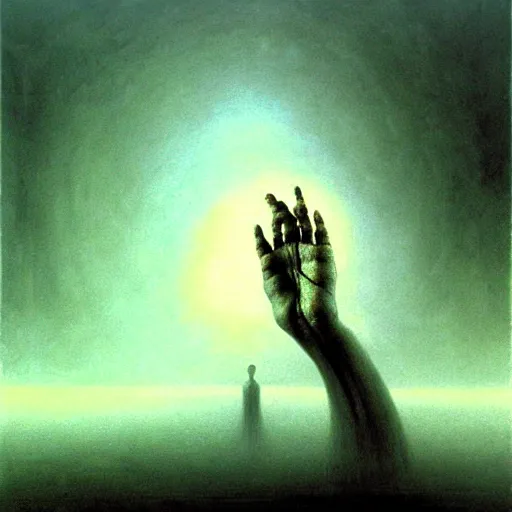 Image similar to arm reaching out of thick fog, marble blocks levitating in the background, zdzislaw beksinski