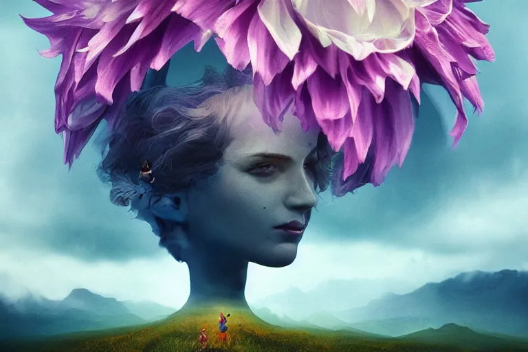 Prompt: giant dahlia flower crown under head, portrait girl on mountain, surreal photography, blue storm clouds, dramatic light, impressionist painting, digital painting, artstation, simon stalenhag