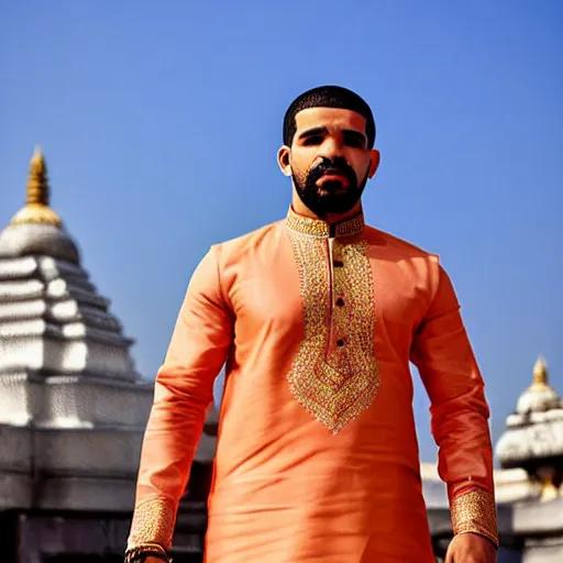 Prompt: drake, hindu temple in background, drake the face enhance, wearing a kurta, photograph