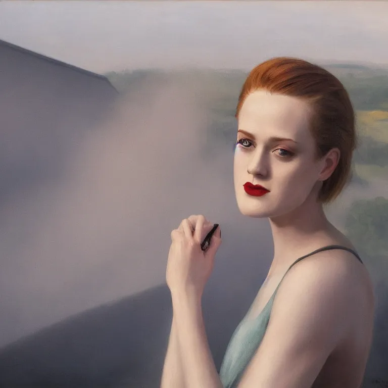 Prompt: portrait of Evan Rachel Wood on a roof, fog, early morning, , painted by Edward Hopper, painted by Wayne Barlow, airbrush